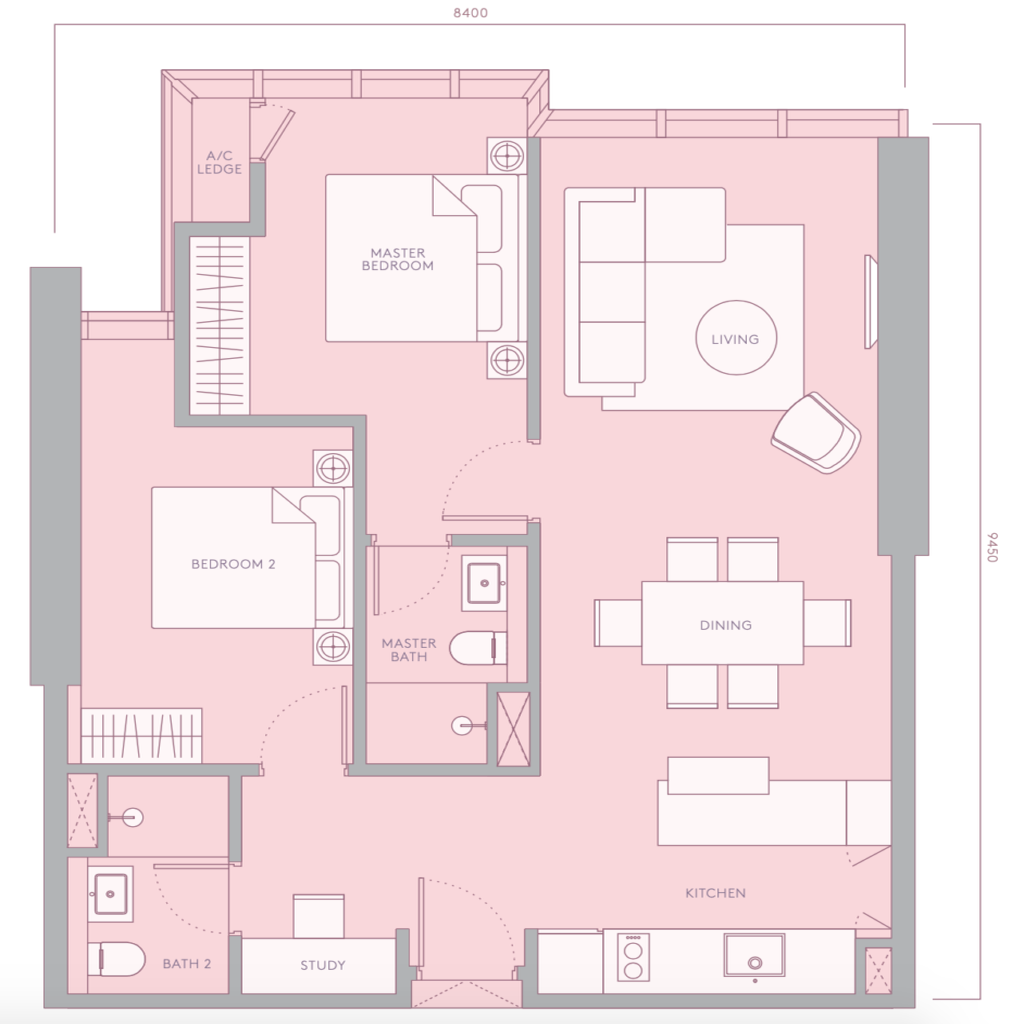 TRX Residences layout 2 Bedroom (850 sqft)