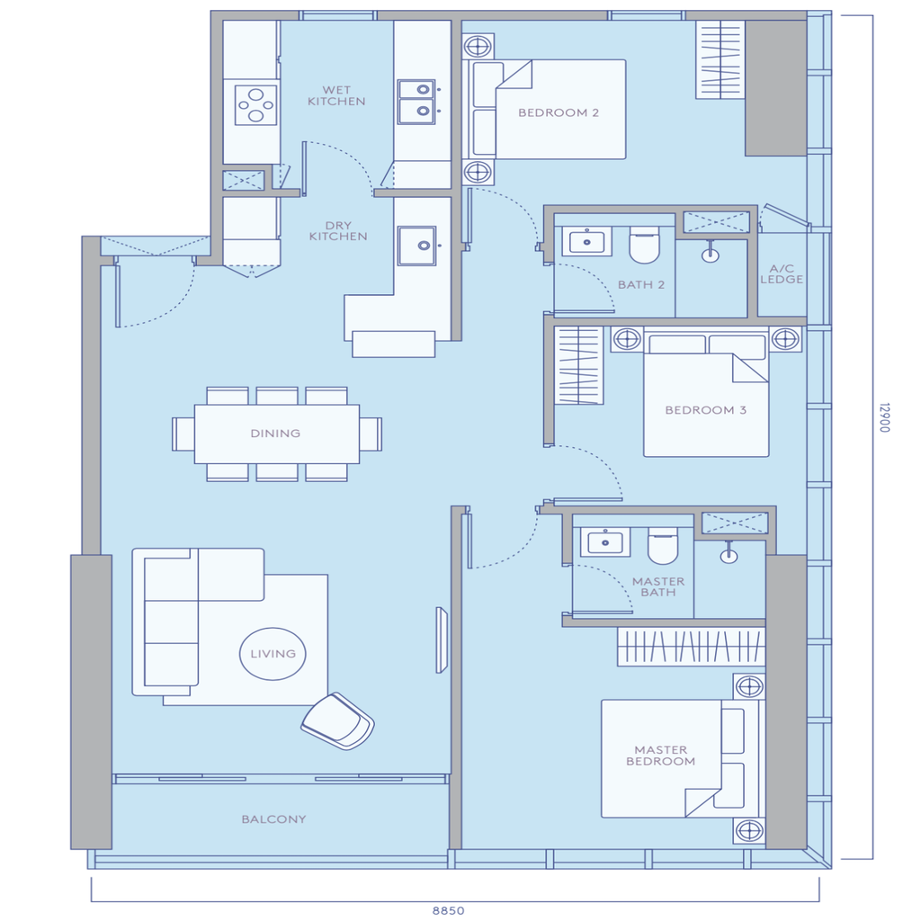 TRX Residences layout 3 Bedroom (1,184 sqft)